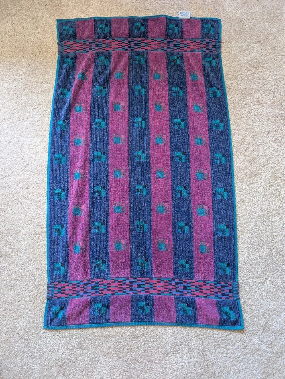 Vintage Fieldcrest Teal Green Purple Aztec Southwestern Cotton Bath Towel